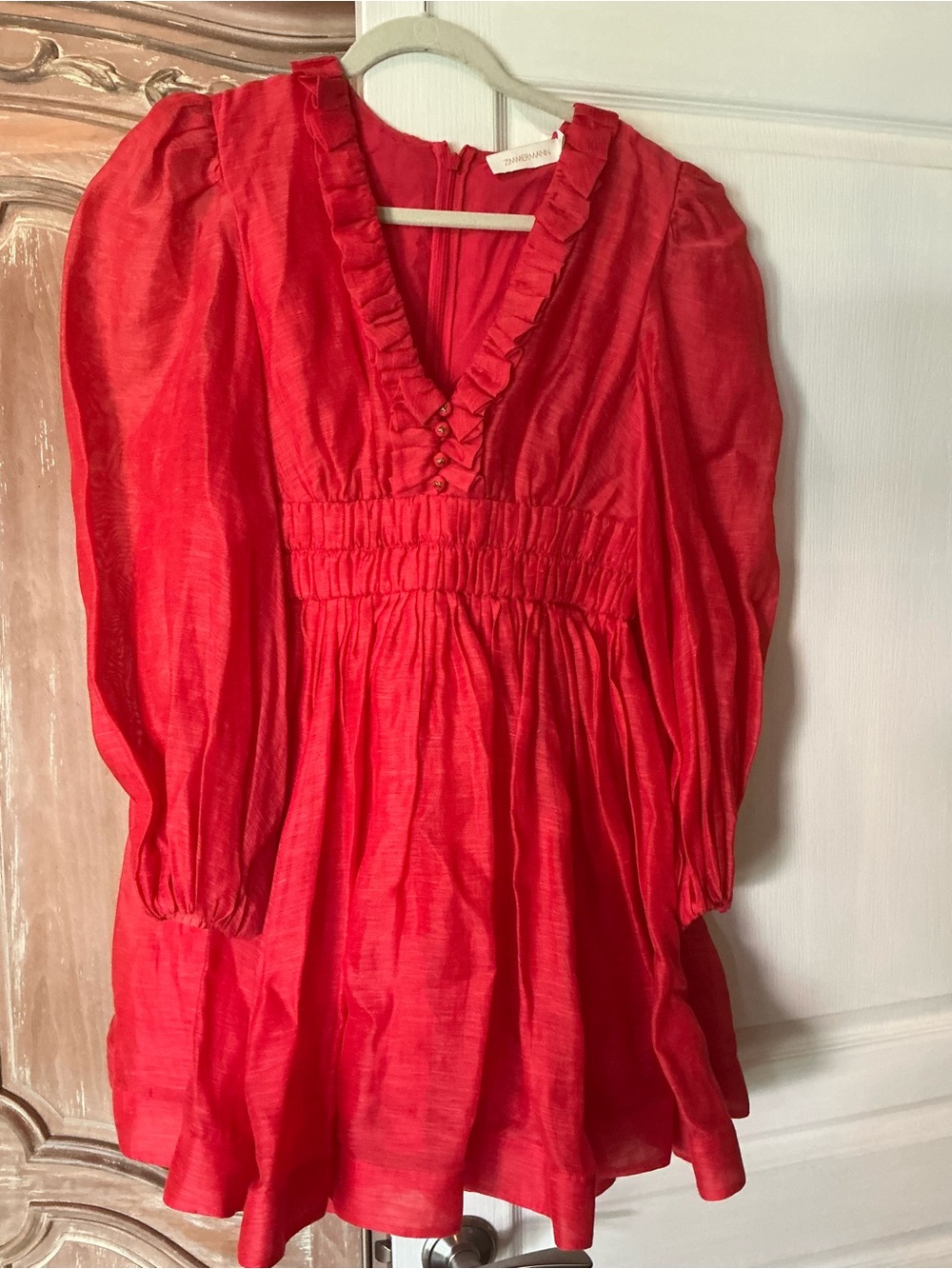 Zimmerman Prima Red Ruffle V-Neck Puff Sleeve Mini Dress